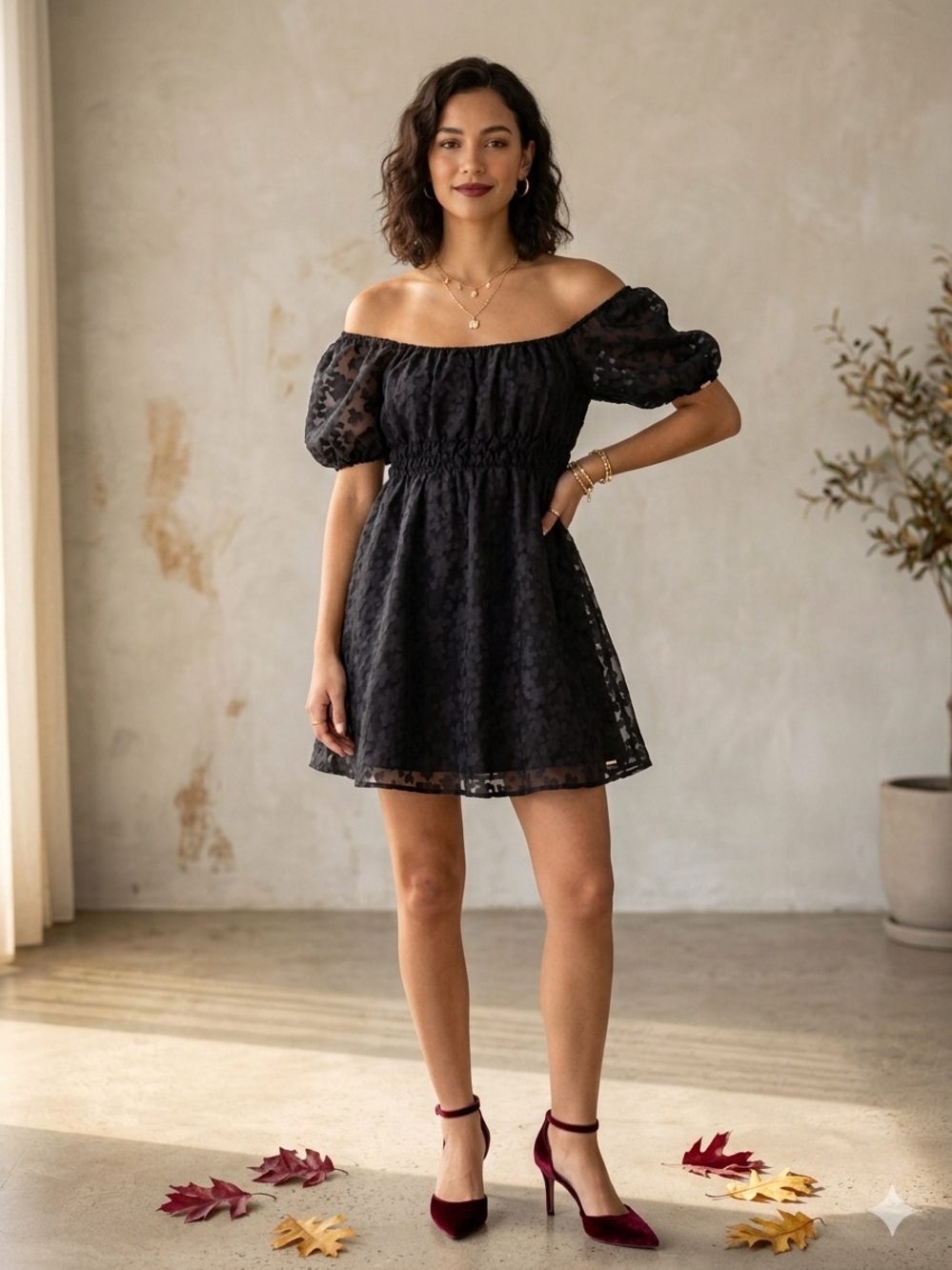 Altar'd State Black Off-Shoulder Puff Sleeve Lace Mini Dress